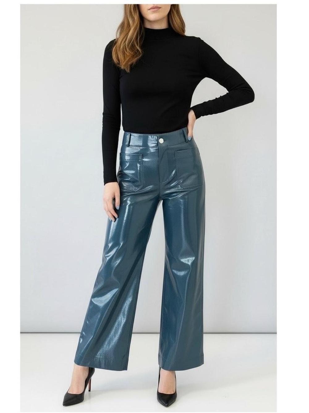 Anthropologie Maeve The Colette Patent Faux Leather Wide Leg Pants Teal Size 29